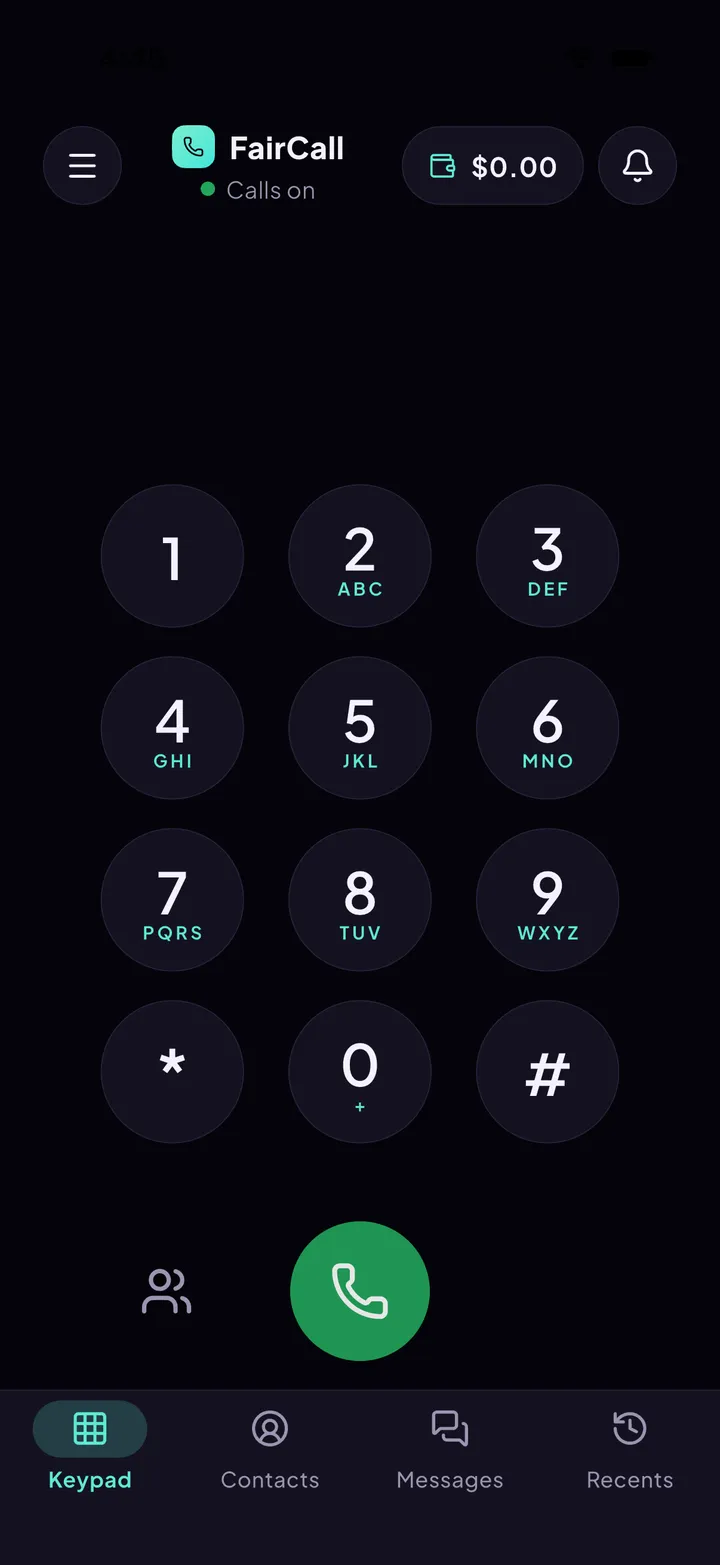 FairCall keypad in dark mode