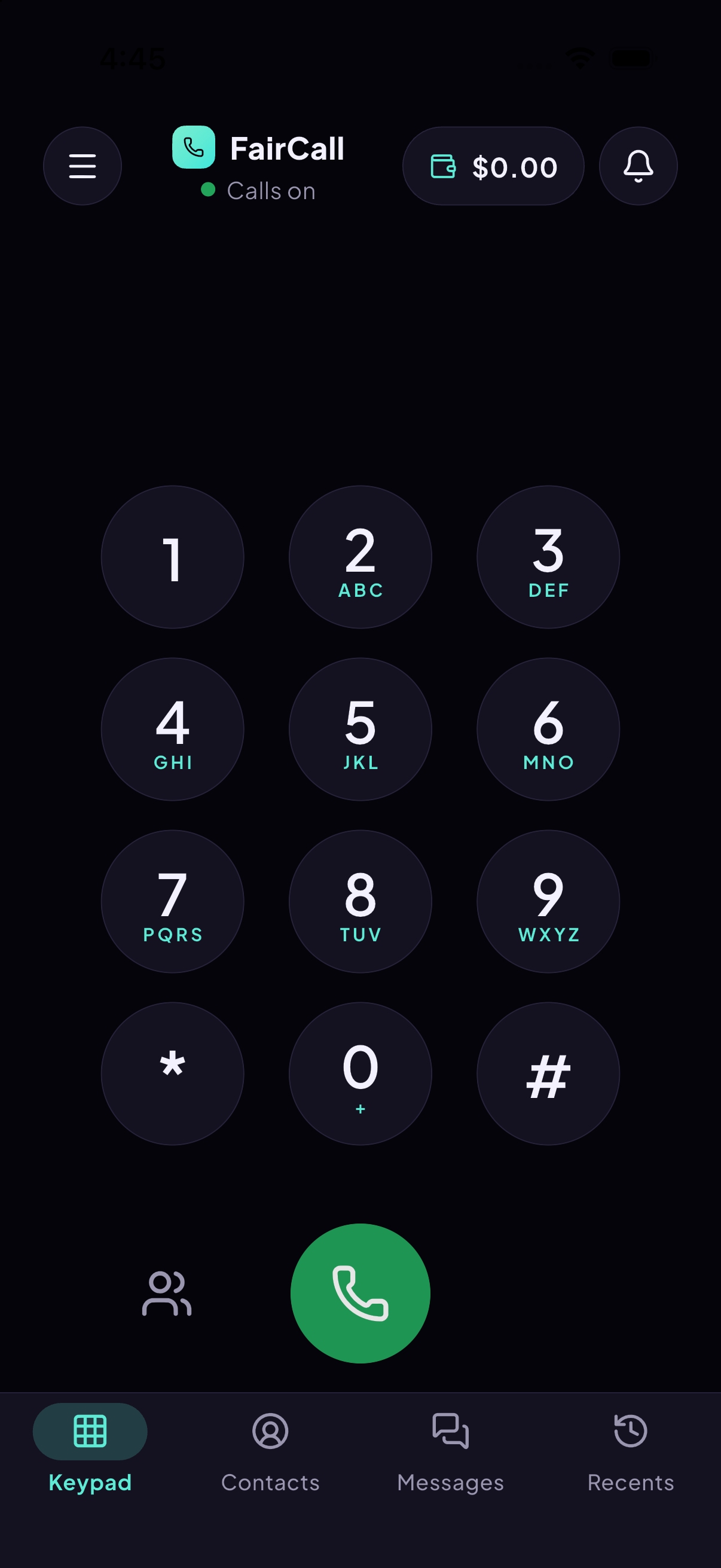 FairCall keypad in dark mode with mint accents
