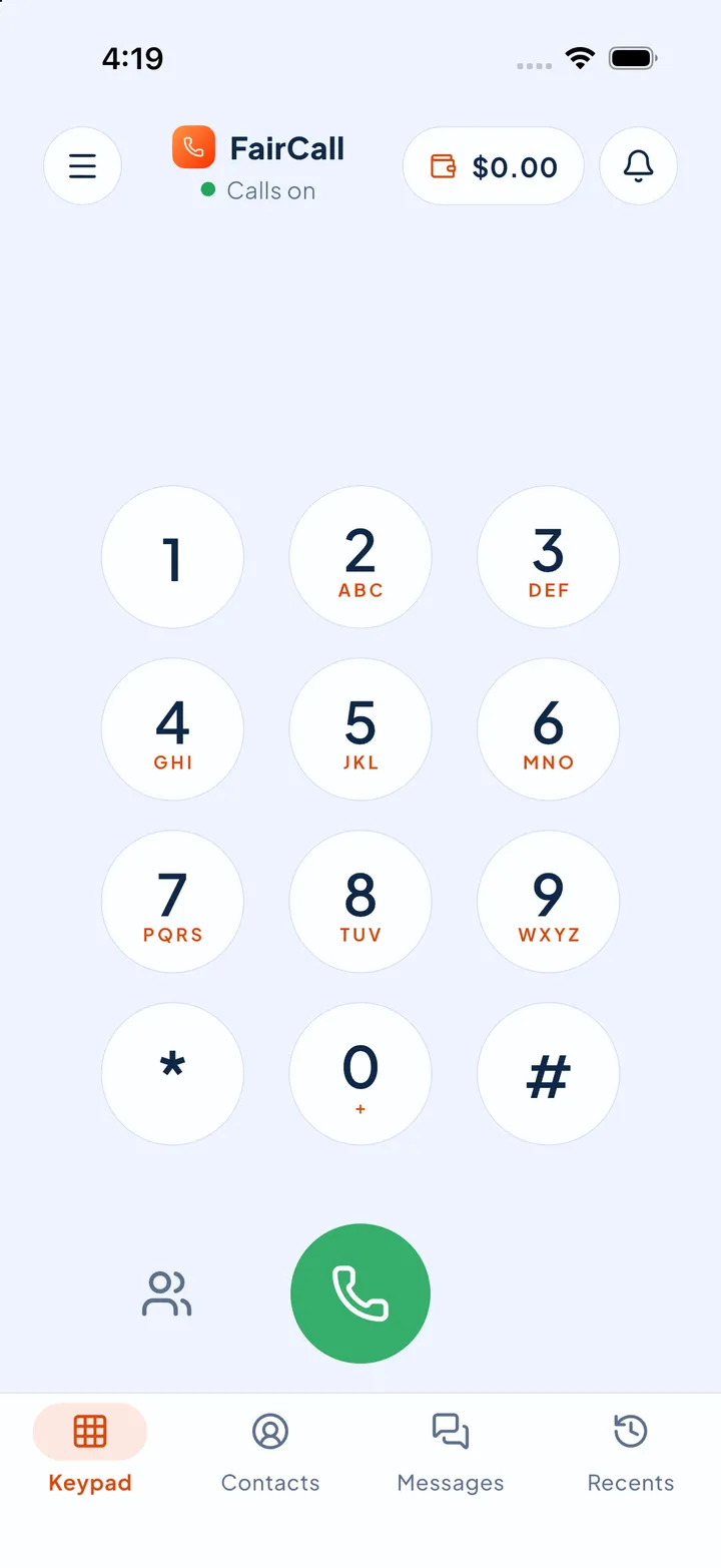 FairCall keypad in light mode